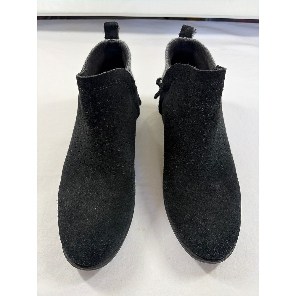 TOMS Deia Black Suede Grey Woven Ankle Boots Perforated Booties Womens 6.5